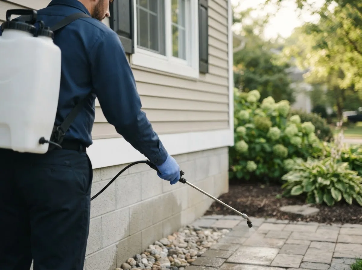 Pest control technician inspecting a home in Apalachin, NY